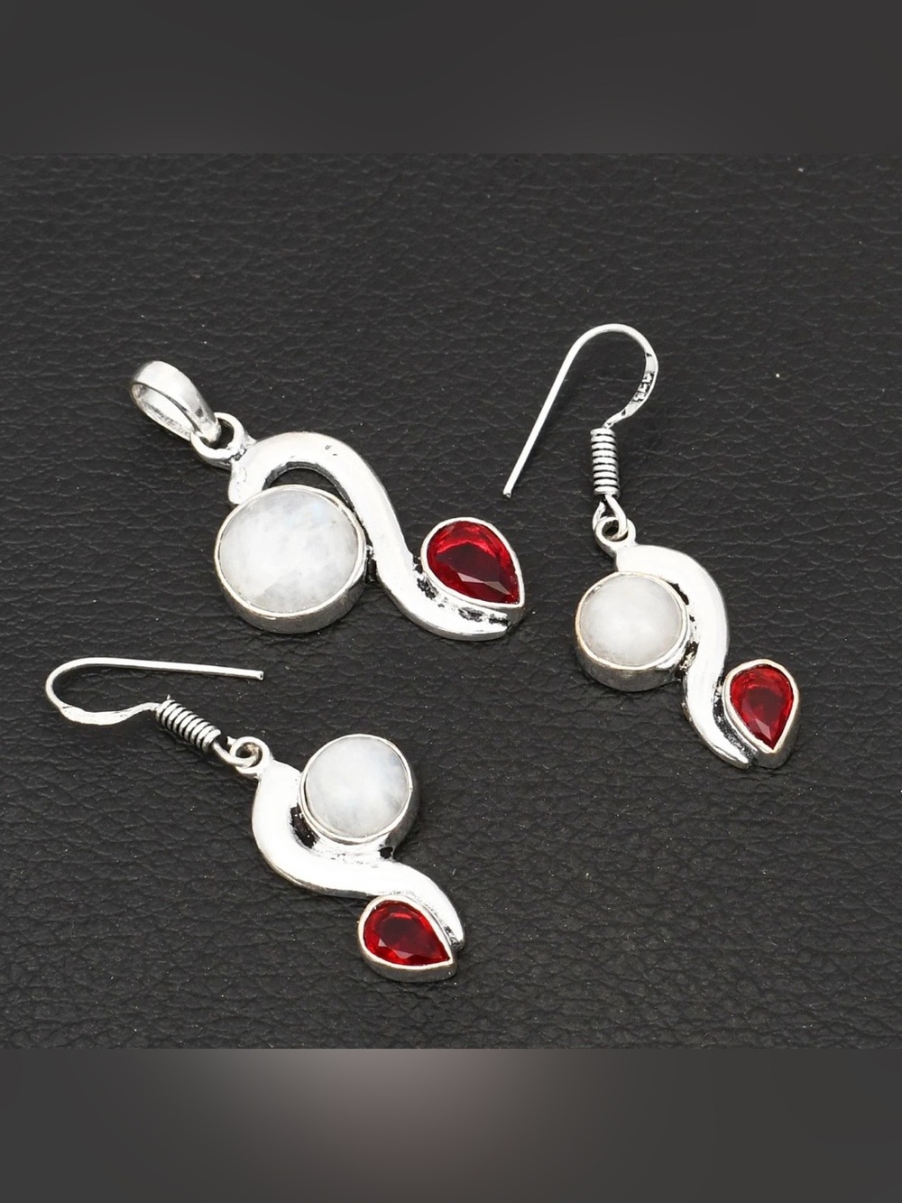 Rainbow Moonstone & Garnet Artisan Handcrafted Gemstone Necklace & Earrings Set